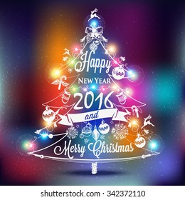 Christmas and New year label of Christmas tree. Decoration  of calligraphic design with typographic label, and icons elements for you. Hand drawn authors work.