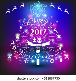 Christmas and New year label of Christmas tree. Decoration of calligraphic design with typographic label