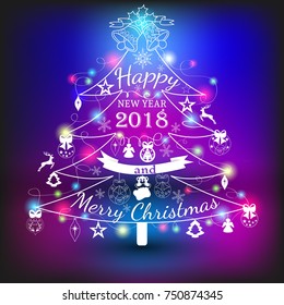 Christmas and New year label of Christmas tree. Decoration of calligraphic design with typographic label, and icons elements for you. Hand drawn authors work.