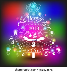 Christmas and New year label of Christmas tree. Decoration of calligraphic design with typographic label, and icons elements for you. Hand drawn authors work.