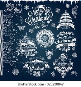 Christmas and New year labels and borders. Decoration set of calligraphic design with typographic labels, and icons elements for you. Hand drawn authors work.