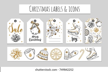 Christmas and New Year labels, gift tags and icons. Holidays decoration. Vector hand drawn illustrations and Modern Brushpen Calligraphy. Design templates 