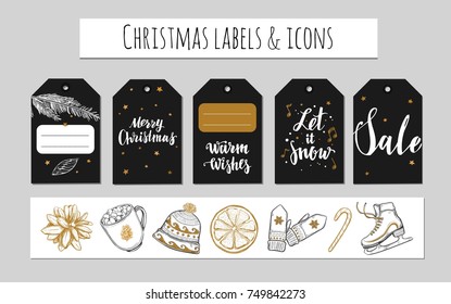 Christmas and New Year labels, gift tags and icons. Holidays decoration. Vector hand drawn illustrations and Modern Brushpen Calligraphy. Design templates 