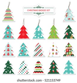 Christmas and new year labels and stickers in the shape of a christmas tree. Different festive patterns are full under clipping mack. Isolated on white.