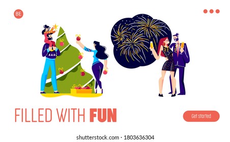 Christmas and new year landing page with people celebrate, drink champagne and decorate xmas tree over template white background. Cartoon characters for winter holiday party. Vector illustration