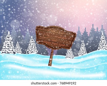 Christmas and New Year landscape background with wooden sign. Vector illustration