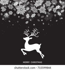 Christmas and New Year landscape with deer. Snowfall.  Xmas reindeer and white  snowflakes. Vector winter illustration for greeting card or party invitation black  background.