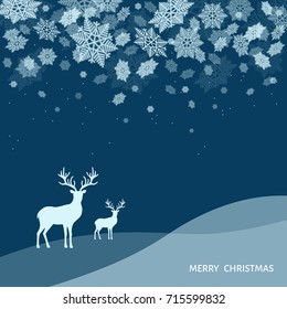 Christmas and New Year landscape with deers. Snowfall.  Xmas reindeer and white  snowflakes on blue  background. Vector winter illustration for greeting card or party invitation.