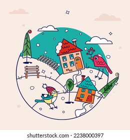 Christmas, New Year landscape. Funny Christmas card with snow, houses, trees and bullfinches. Bright cartoon winter vector illustration
