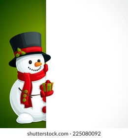 Christmas new year leaflet template with snowman in scarf gloves and hat with gift box in hand vector illustration