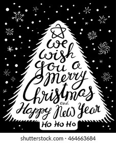 Christmas and New Year lettering calligraphic hand drawn composition as pine tree silhouette. Design element for greeting cards, posters, t-shirts and backgrounds