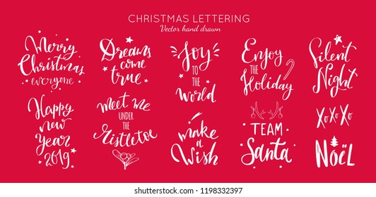 Christmas and New Year Lettering and Calligraphy phrases set.  Vector handwritten modern Lettering