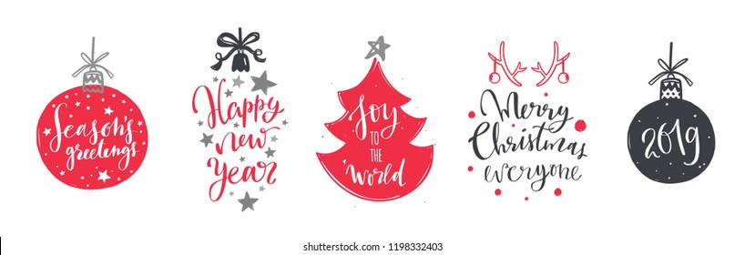 Christmas and New Year Lettering and Calligraphy phrases set.  Christmas balls and toys decoration concept. Vector handwritten modern Lettering
