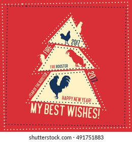 Christmas and New Year lettering calligraphy greeting card with 2017 year of the red fire rooster. Vector illustration