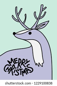 Christmas and new year lettering. Greeting card, poster or flyer hand drawn design. Funny holiday decoration for printing or digital use. Deer with holidays greeting in pastel colors