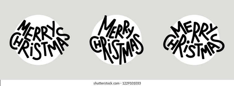 Christmas and new year lettering. Greeting card, poster or flyer hand drawn design. Funny holiday decoration for printing or digital use. Set of three different hand lettering stickers