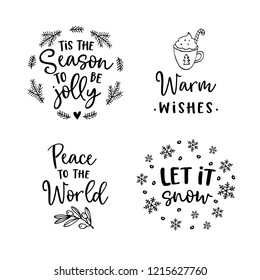 Christmas and New Year lettering set.  Hand lettered quotes for greeting cards, gift tags, labels. Typography collection. Vector illustrations, frames.