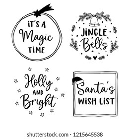 Christmas and New Year lettering set.  Hand lettered quotes for greeting cards, gift tags, labels. Typography collection. Vector illustrations, frames.