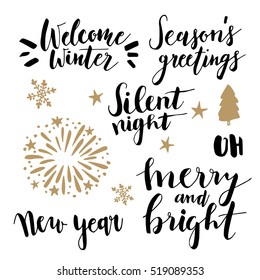 Christmas and New Year lettering set.  Hand lettered quotes for greeting cards, gift tags. Typography collection. Silent night. Welcome winter. Seasons greetings. Merry and bright. Vectors.