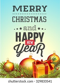 Christmas and new year lettering. Vector illustration on blue background with balls, tree and gift. 
