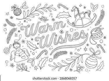 Christmas, New Year lettering. Warm wishes. Coloring page for children and adults. Greeting card. Hand drawn, printable, trendy vector.