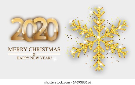 Christmas and New Year light background with golden snowflake and 2020 numbers. Xmas decoration. Template for greeting card, banner or poster. Vector illustration.