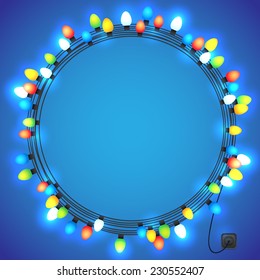 Christmas and New year light garlands like frame on a blue background, vector.