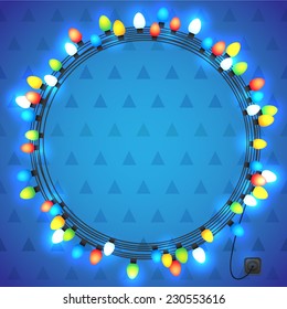 Christmas and New year light garlands like frame on a blue background, triangular pattern, vector.