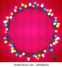 Christmas and New year light garlands like frame on a pink background, diamond pattern, vector.