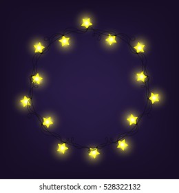 Christmas and New year light garlands like frame on a blue background, vector. Star lights.