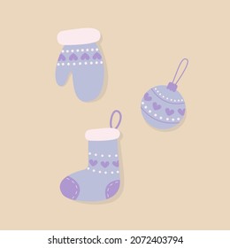 Christmas and New Year lilac elements with hearts: mittens, stocking and toys.