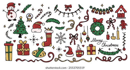 Christmas and New Year line art colored doodle set, celebration drawings and symbols, ink sketches. Vector illustration.