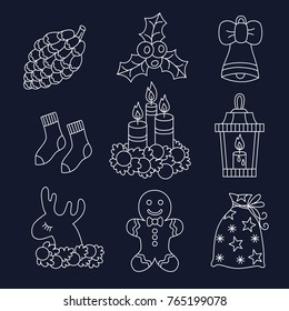 Christmas New Year line doodle icons collection