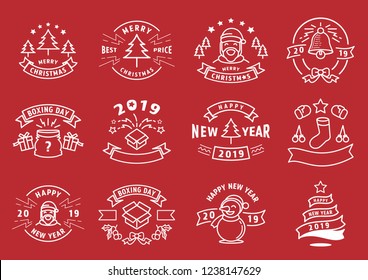 Christmas and new year line graphic elementwith Santa Claus,bell,tree,sock,ribbon,gift box and star vector illustration.