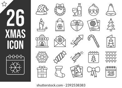 Christmas and New Year Line Icon Set Vector Illustration Isolated on Transparent Background