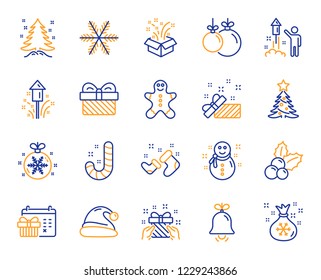 Christmas, New year line icons. Santa hat, Gingerbread man and Gift box icons. Fireworks, Snowflake and christmas holly. Snowman, santa socks and Pine tree. New year ball, holiday calendar. Vector