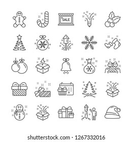 Christmas, New year line icons. Santa hat, Gift box and Gingerbread man icons. Fireworks, Snowflake and christmas holly. Snowman, santa socks and Pine tree. New year ball, holiday calendar. Vector