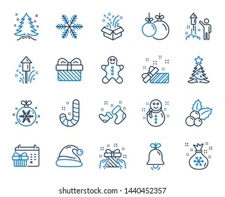 Christmas, New year line icons. Santa hat, Gingerbread man and Gift box icons. Fireworks, Snowflake and christmas holly. Snowman, santa socks and Pine tree. New year ball, holiday calendar. Vector
