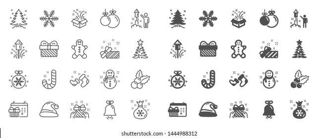 Christmas, New year line icons. Santa hat, Gingerbread man and Gift box icons. Fireworks, Snowflake and christmas holly. Snowman, santa socks and Pine tree. New year ball, holiday calendar. Vector