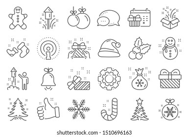 Christmas, New year line icons. Santa hat, Gingerbread man and Gift box icons. Fireworks, Snowflake and christmas holly. Snowman, santa socks and Pine tree. New year ball, holiday calendar. Vector