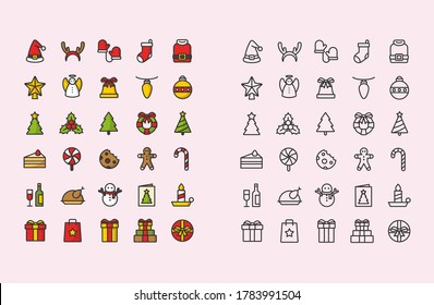 Christmas and New Year line icons set. Outline vector collection for Xmas and Season's Greetings themes. Winter holiday symbols - Santa, snowman, Christmas tree, snowflake, deer, etc.