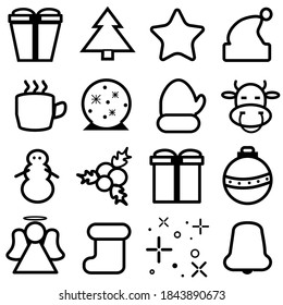 Christmas and New Year line icons set. Outline vector collection for Xmas and Season's Greetings themes. The symbols of the winter holiday are a New Year's ball, snowman, tree, cup, bull, gift, etc.