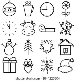 Christmas and New Year line icons set. Outline vector collection for Xmas and Season's Greetings themes. Isolated symbols of the winter holiday - Santa, snowman, Christmas tree, snowflake, deer, etc.