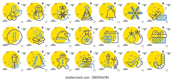 Christmas, New year line icons. Santa hat, Gingerbread man and Gift box icons. Fireworks, Snowflake and christmas holly. Snowman, santa socks and Pine tree. New year ball, holiday calendar. Vector