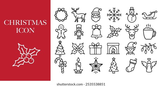 Christmas and New Year line icons set. Collection of vector outlines for Christmas and seasonal greetings themes. Winter holiday symbols - Santa, elf, snowman, Christmas tree, snowflake, deer, etc