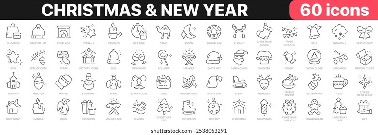 Christmas and New Year line icons collection. Holiday, angel, snowman, Santa, reindeer, manger bed icons. UI icon set. Thin outline icons pack. Vector illustration EPS10