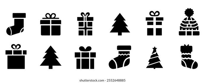 Conjunto de Navidades e iconos de línea de año Nuevo. Esquema de colección de Vector para Navidad y saludos de temporada. Símbolos aislados de las vacaciones de invierno - Santa, Elfo, muñeco de nieve, árbol de Navidad, copo de nieve, ciervos, etc.