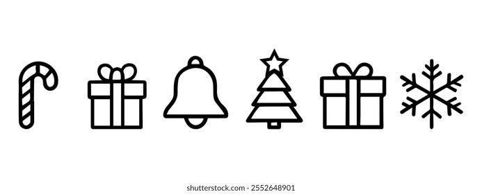 Conjunto de Navidades e iconos de línea de año Nuevo. Esquema de colección de Vector para Navidad y saludos de temporada. Símbolos aislados de las vacaciones de invierno - Santa, Elfo, muñeco de nieve, árbol de Navidad, copo de nieve, ciervos, etc.