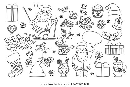 Christmas and New Year line set. Black linear holly, cupcake, bell, cup, hat, santa skiing cookies gift. Flat cartoon design elements. New year and christmas collection. Isolated vector illustration
