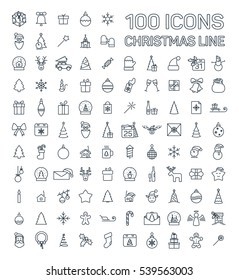 Christmas and New Year line web 100 icons set on white background